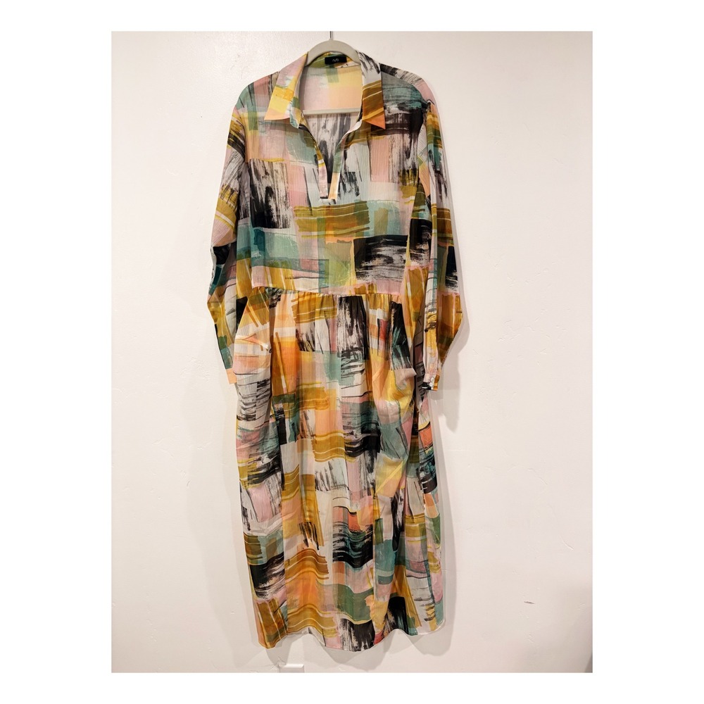 Ruti Abstract Brushstroke Print Midi Dress Multi Color Long Sleeve Size 5